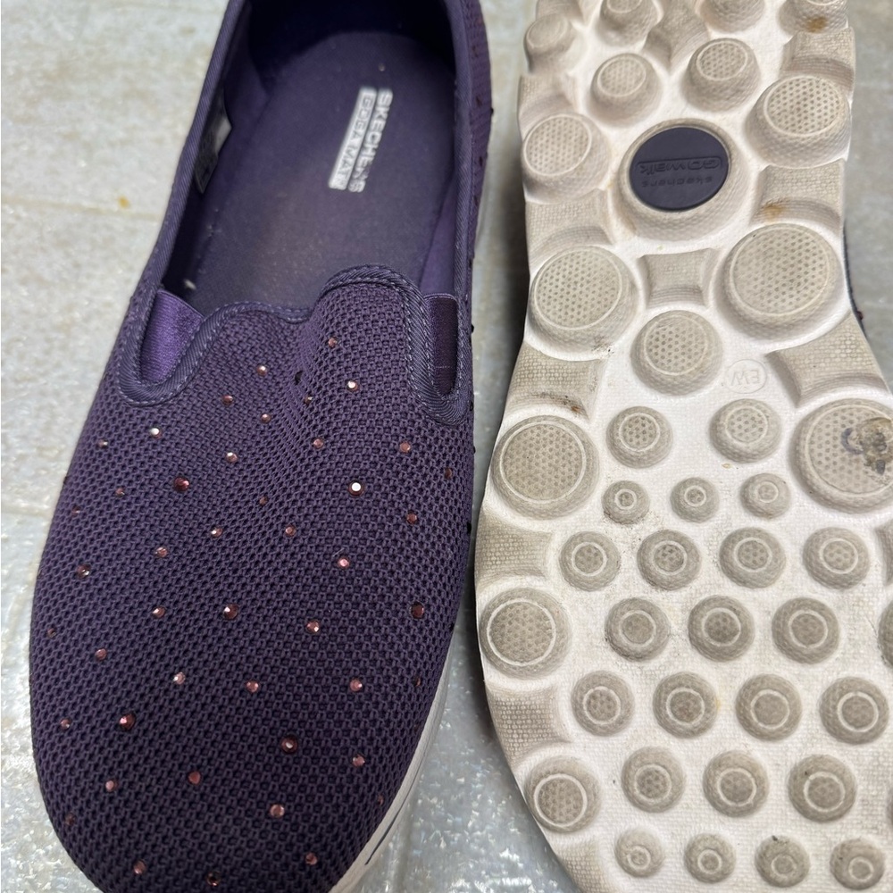 Skechers Slip-On Knit Flats in Deep Purple with Rose Studs